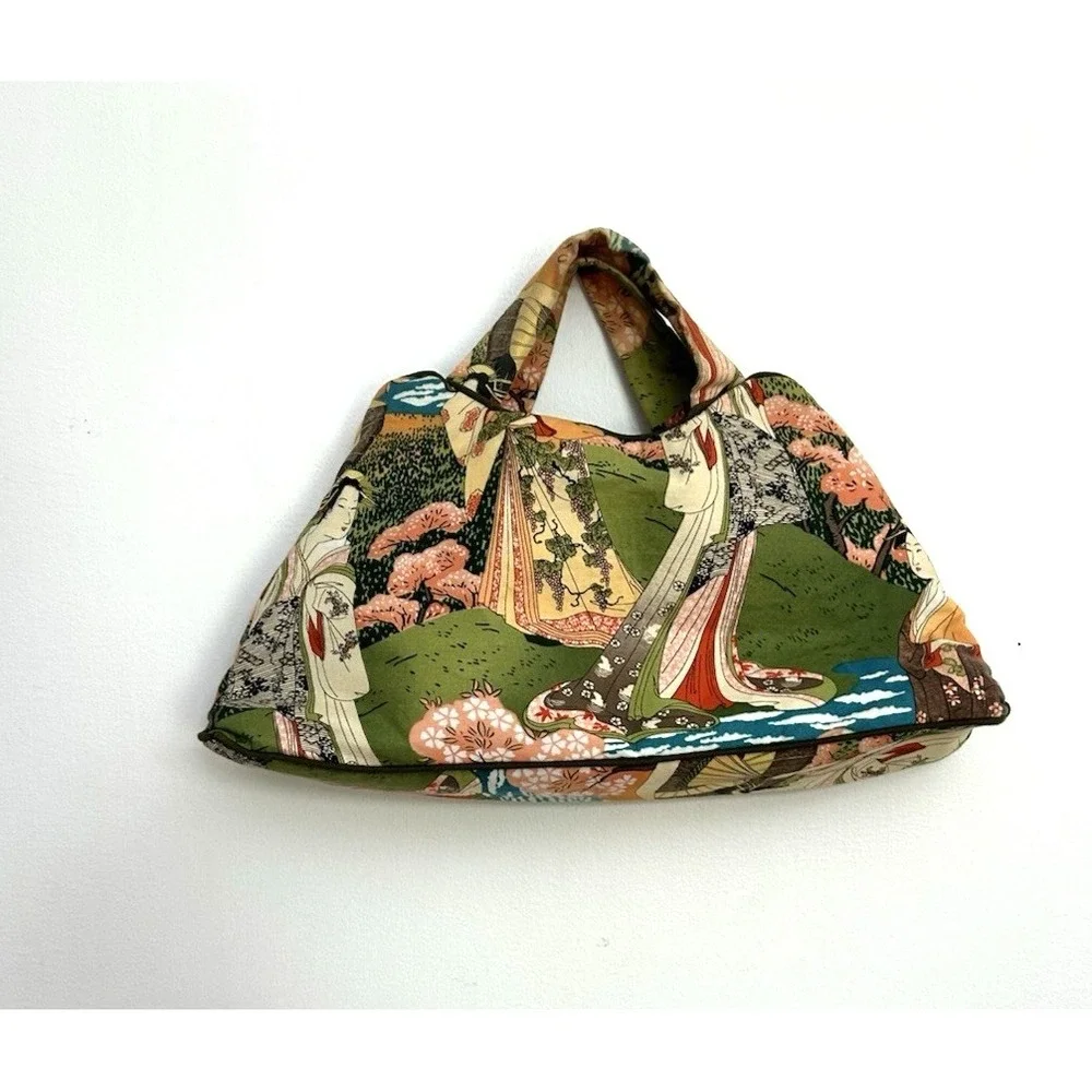 Japanese Kimono Fabric Hobo Handbag Purse Green Handmade Geisha Artsy Boho